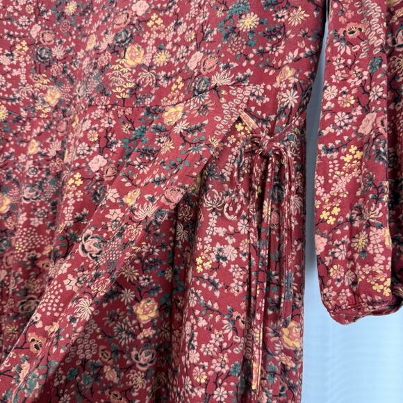 Peruvian Connection Dress Size Large Rose Lacquer Faux Wrap Floral Boho Cottage - Picture 3 of 10